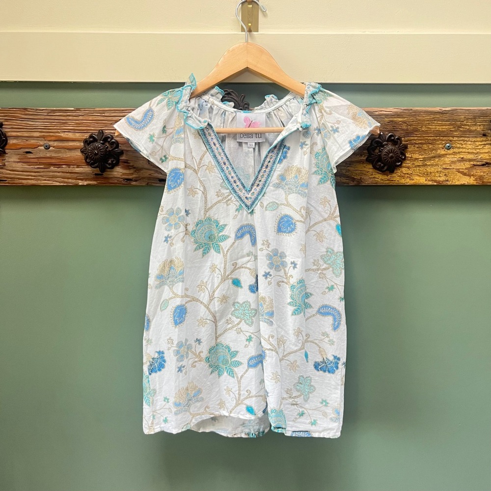 Bella Tu Womens XS Blue Floral Paisley Cotton Flutter‎ Sleeve Beaded Tunic Top